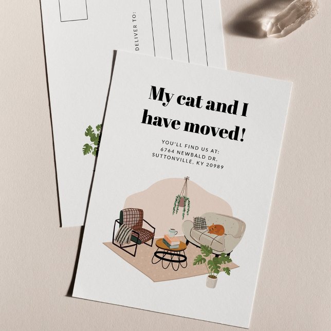 Wir haben die neue Ankündigung zur Adressverschieb Postkarte (Boho Moving Announcement Postcard Cat and I Moved)