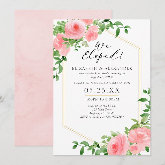 Wir haben eine Hochzeitsfeier mit rosa Blumen vera Einladung (Vorne/Hinten)