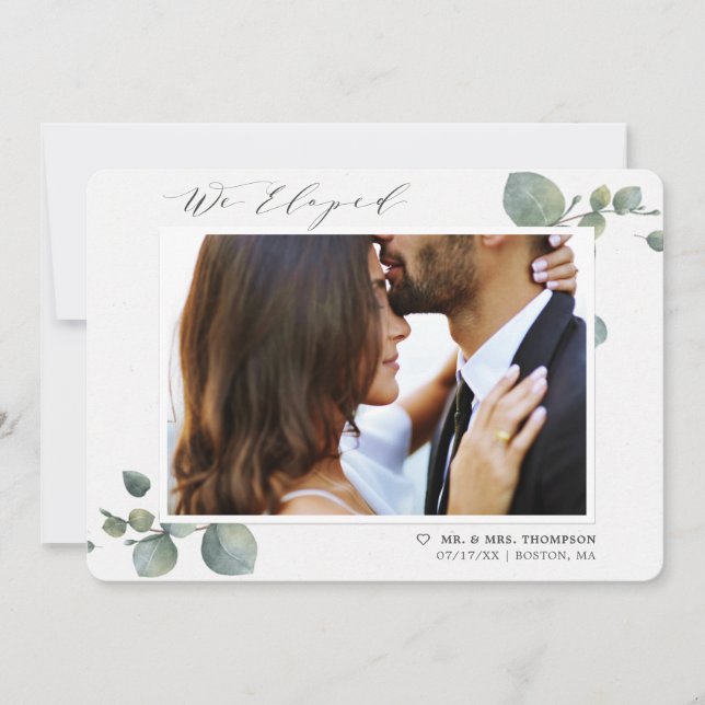 Wir haben Elegant Eukalyptus Foto Wedding Ankündigung (Vorderseite)