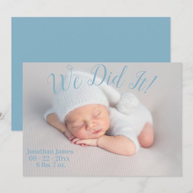 Wir haben es gemacht, Foto Stats Script Baby Boy B Ankündigung (Vorne/Hinten)