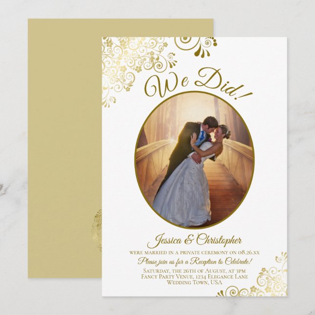 Wir haben es getan! Gold & White Hochzeitsempfang  Einladung (Vorne/Hinten)