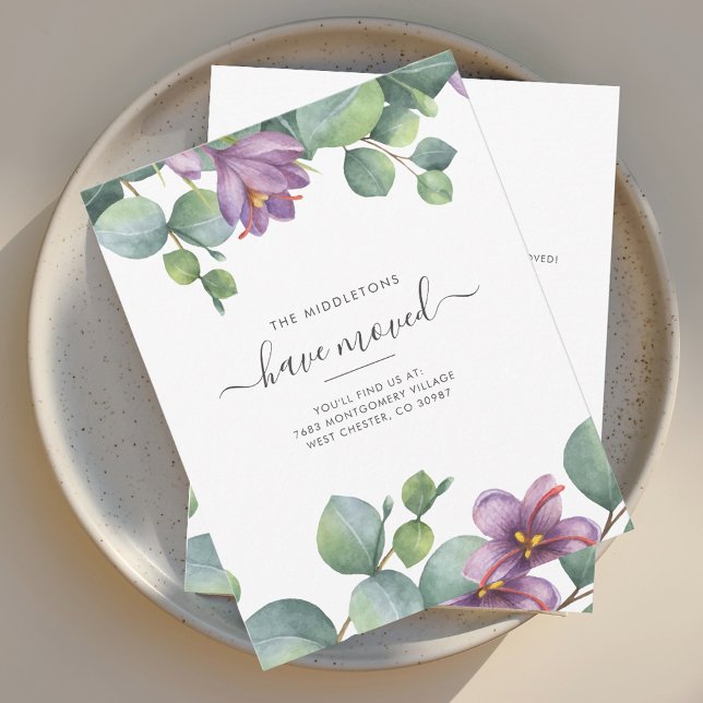 Wir haben Eukalyptus-Bewegung angekündigt (We have Moved Watercolor Purple Sage Green Eucalyptus Moving Announcement)