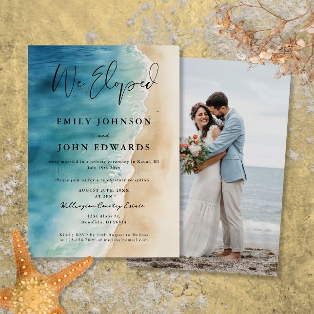 Wir haben Hochzeitsfeier für Ocean Beach Elopement Einladung (We Eloped Ocean Beach Elopement Wedding Photo Invitation)