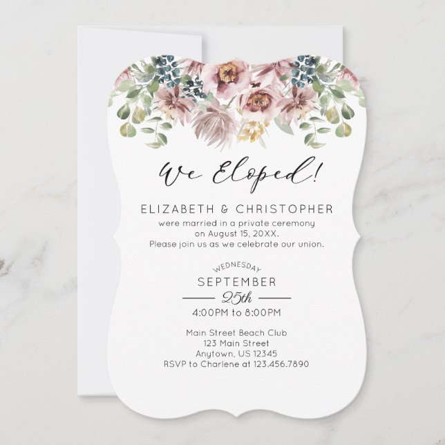 Wir haben Mauve Peonies Floral Wedding Elopement Einladung (Vorderseite)