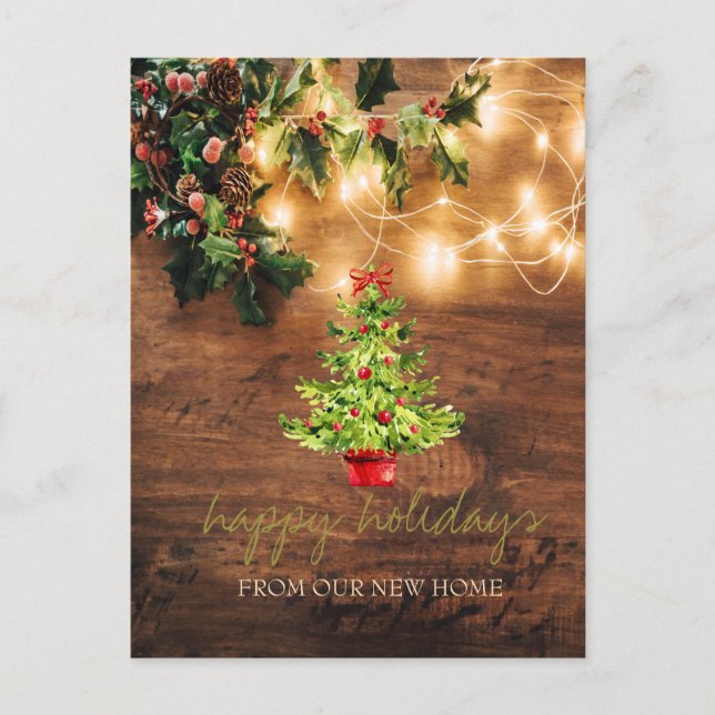 Wir haben Mistletoe, String Lights, Holz, Pine Tre Ankündigungspostkarte (Vorderseite)