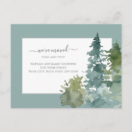 Wir haben neue Zuhause Script Pine Tree Aquamarin Postkarte