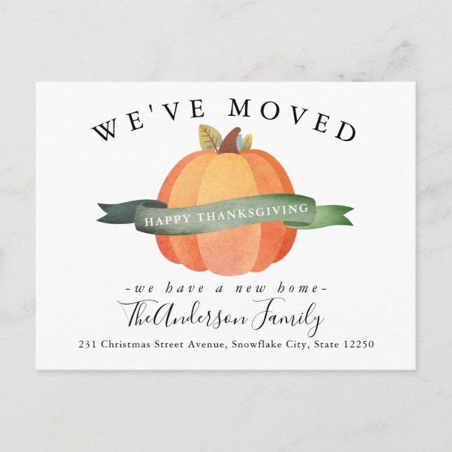 Wir haben Pumpkin neue Zuhause Holiday Moving Ankündigungspostkarte (Vorderseite)