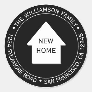 Wir haben Schwarz-weißes neues Zuhause-Adressetike Runder Aufkleber