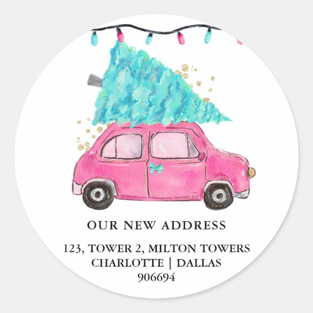 Wir haben uns bewegt | Niedlicher Pink Car Tree |  Runder Aufkleber (Vorderseite)