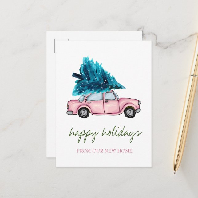 Wir haben uns bewegt, rosa Auto, Pine Tree Urlaub Ankündigungspostkarte (Vorderseite/Rückseite Beispiel)