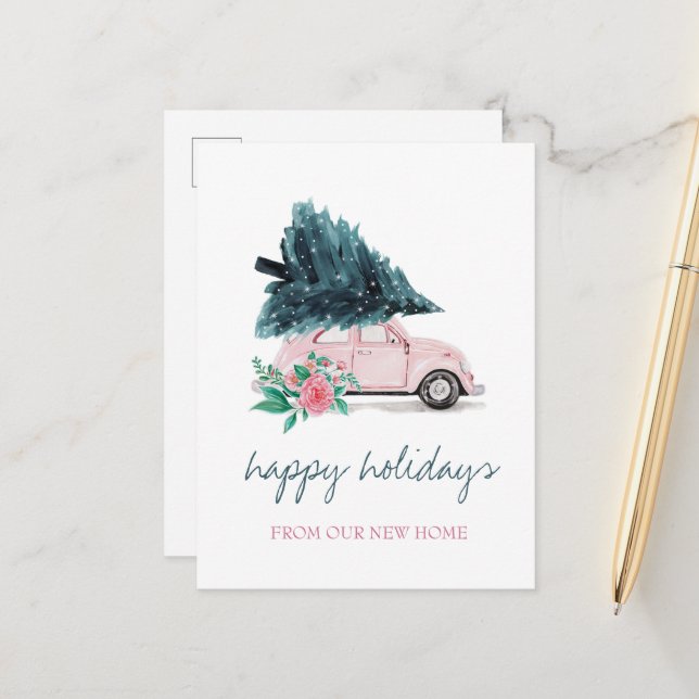 Wir haben uns bewegt, rosa Auto, Weihnachtsbaum Ankündigungspostkarte (Vorderseite/Rückseite Beispiel)