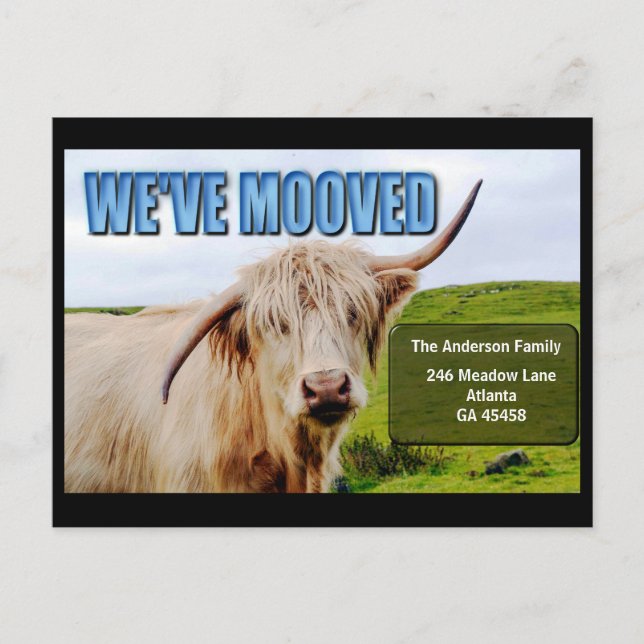 Wir haben uns bewegt | Wonky Kuh Moving Announccar Postkarte (Vorderseite)