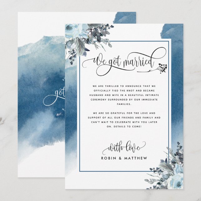 Wir haben Verheiratete Hochzeitserklärung in Blue  Einladung (Vorne/Hinten)