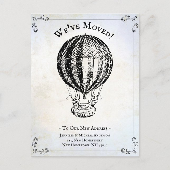 Wir haben Vintagen Heißluftballon Funny bewegt Ankündigungspostkarte (Vorderseite)