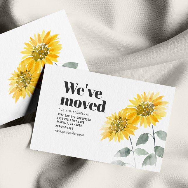 Wir haben Wasserfarben-Sonnenblumen-Bewegung Mitteilungskarte (Watercolor Sunflower Floral Family Moving Announcement)