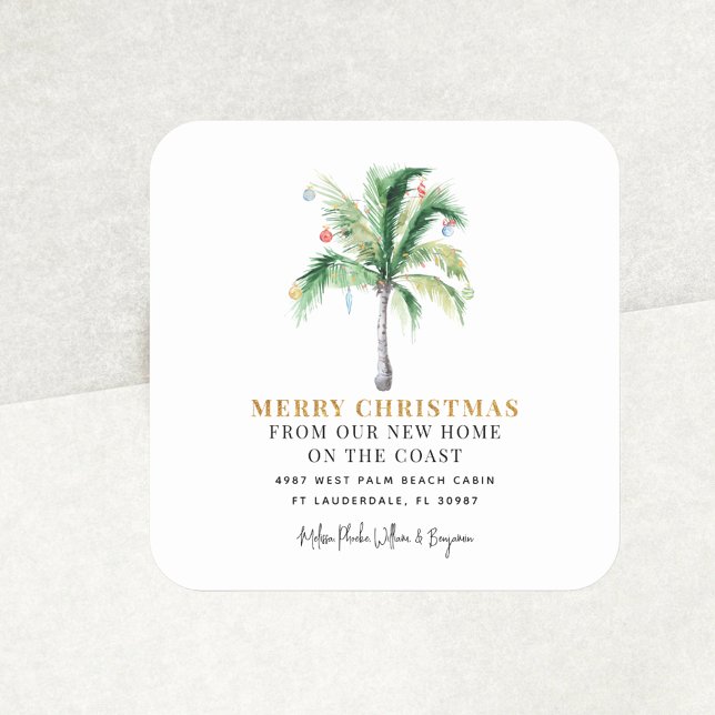 Wir haben Weihnachtsfeiertage Palmenbaum bewegt Quadratischer Aufkleber (Christmas Moving Announcement Coastal Square Sticker)