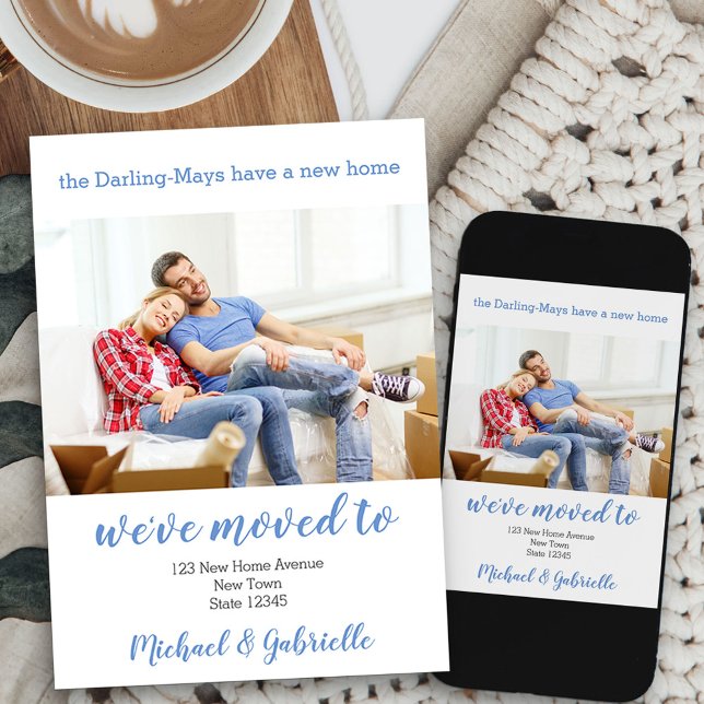 Wir haben Zuhause Custom Foto Blue New Address ver Ankündigung (new address photo moving announcement card available printed or as printable digital download)