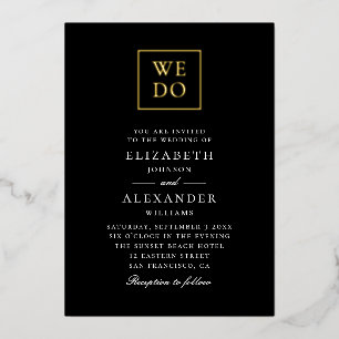 Wir heiraten. Elegante klassische schwarze goldene Folieneinladung