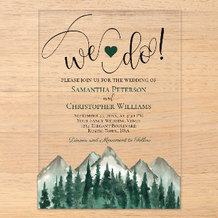 Wir heiraten! Rustikale elegante Berge und Kiefern Acryleinladungen