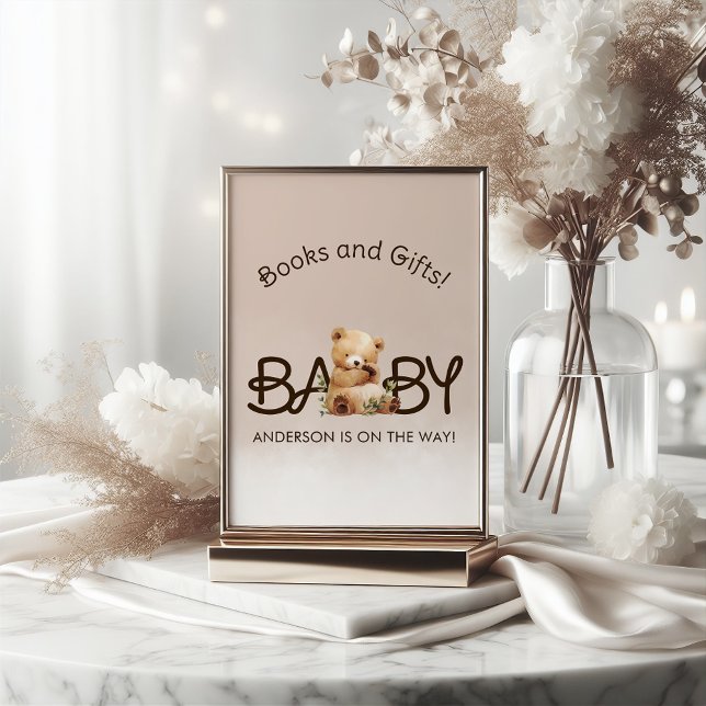 Wir können Babyduschbücher und Geschenke frühzeiti Sockelschild (We Can Bearly Wait Baby Shower Books and Gifts Pedestal Sign)