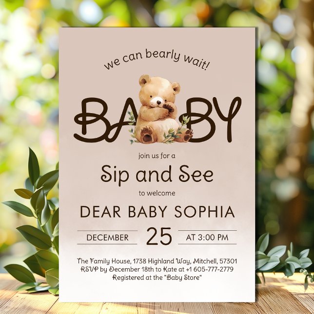 Wir können Babydusche abwarten und sehen Einladung (We Can Bearly Wait Baby Shower Sip and See Invitation)