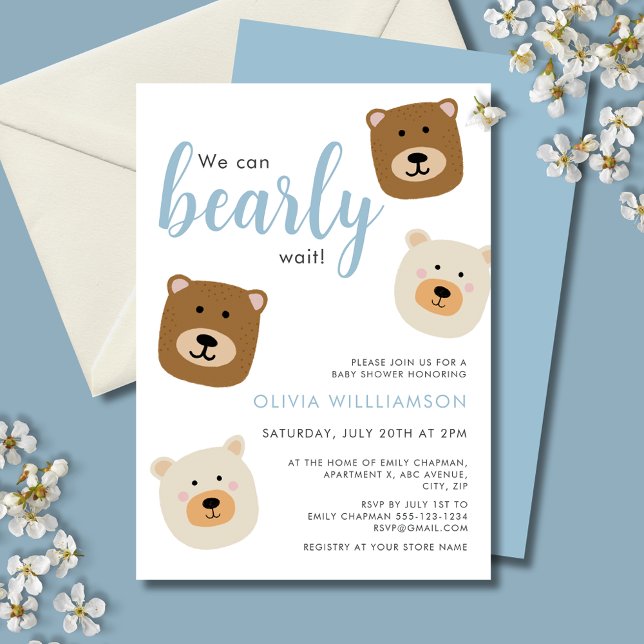 Wir können Babydusche frühzeitig abwarten Einladung (We can bearly wait, cute teddy bear baby shower invitation with blue text for baby boy.)