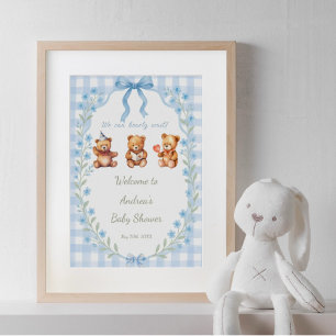 Wir können bearly warten Floral Blue Gingham Willk Poster