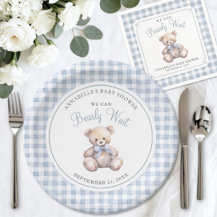 Wir können es kaum erwarten, Blaues Bär-Baby-Party Pappteller