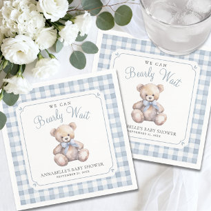 Wir können es kaum erwarten, Blaues Bär-Baby-Party Serviette