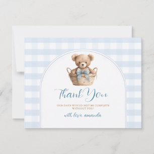 Wir können es kaum erwarten Blue Gingham Bear Baby Dankeskarte