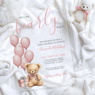 Wir können es kaum erwarten Mädchen Rosa Bär Baby- Acryleinladungen