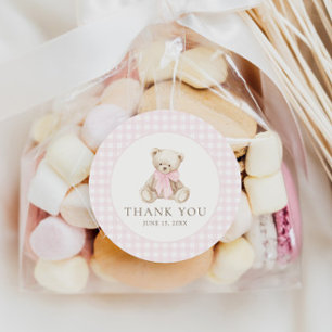 Wir können es kaum erwarten Rosa Gingham Teddybär Runder Aufkleber