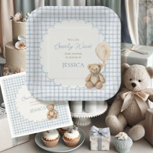 Wir können es kaum erwarten, Teddybär-Jungen-Baby- Pappteller