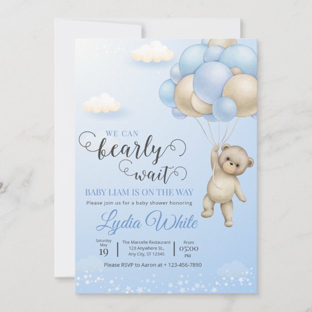 Wir können frühzeitig abwarten Baby Dusche Boy Ted Einladung (Vorderseite)