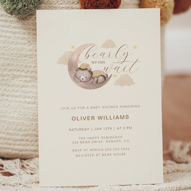 Wir können frühzeitig abwarten Bärenmoon Star Baby Einladung (We Can Bearly Wait Cub Bear Moon Star Baby Shower Invitation)