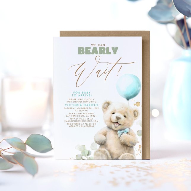Wir können frühzeitig abwarten - Niedliche Baby Be Einladung (We Can Bearly Wait - Cute Joyful Little Bear Baby Shower Invitations in Blue, Brown and Green)