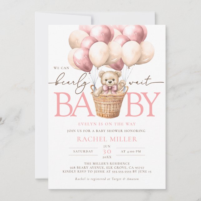 Wir können frühzeitig abwarten Pink Balloon Baby G Einladung (Vorderseite)