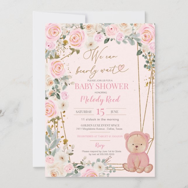 Wir können frühzeitig abwarten Pink Teddy Bear Bab Einladung (Vorderseite)