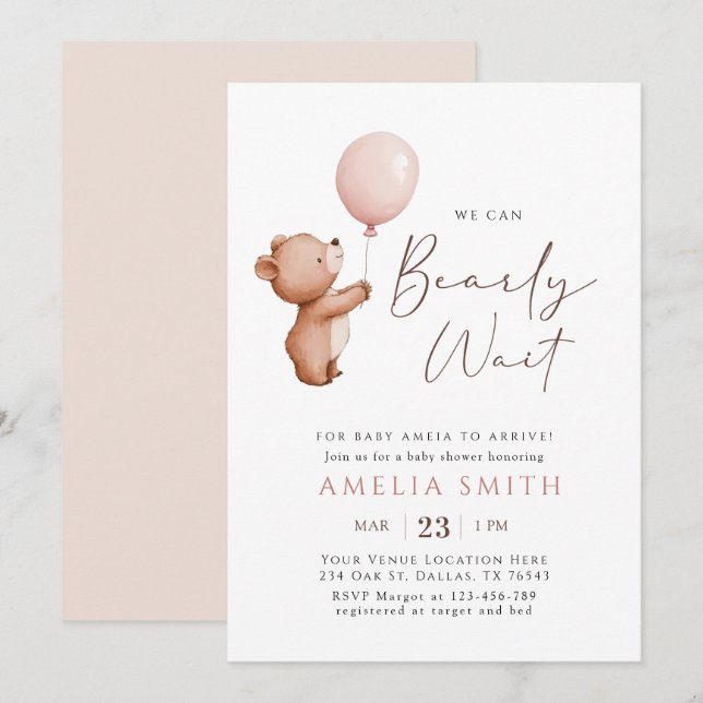 Wir können frühzeitig abwarten Teddy Bear Balloon  Einladung (Vorne/Hinten)