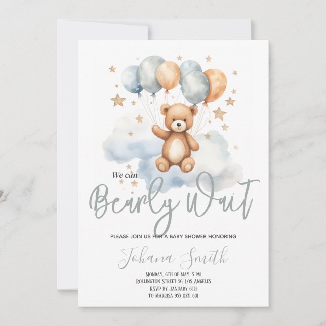 Wir können frühzeitig auf Blue Bear Baby Dusche wa Einladung (Vorderseite)