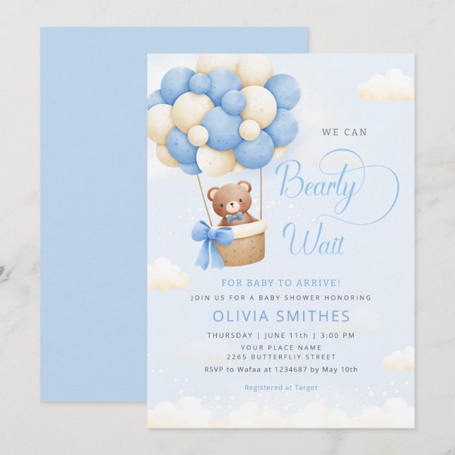 Wir können frühzeitig auf Blue Teddy Bear Boy Baby Einladung (Vorne/Hinten)