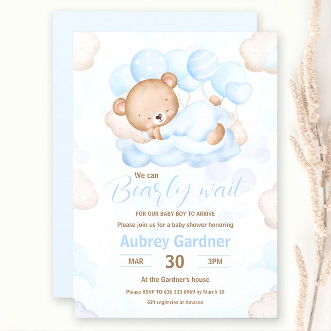 Wir können frühzeitig auf die Baby-Dusche warten Einladung (We Can Bearly Wait Boy Bear Baby Shower Invitation)