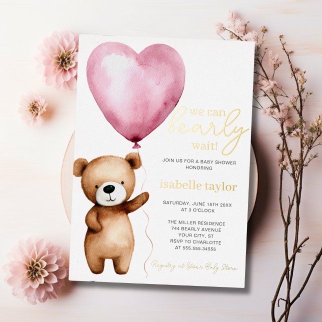 Wir können frühzeitig auf die Einladung der Mädche (We Can Bearly Wait Girl Baby Shower Invitation Foil Invitation | front)