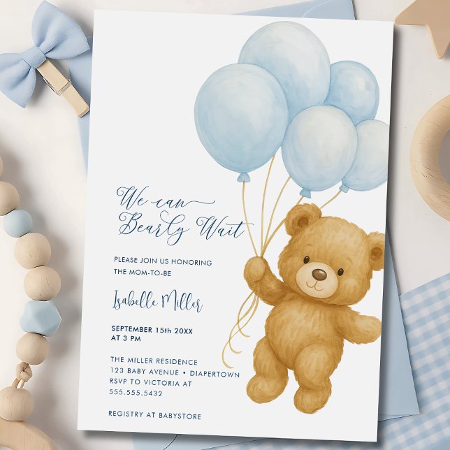 Wir können frühzeitig auf die Einladung des Blue B (We can Bearly Wait boy Baby Shower Invitation)