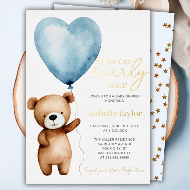 Wir können frühzeitig auf die Einladung eines Baby (We Can Bearly Wait Boy Baby Shower Invitation Foil Invitation)