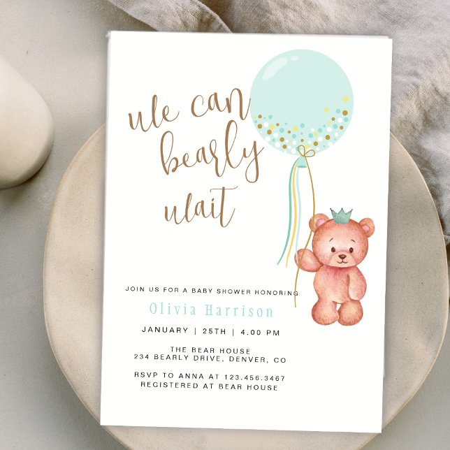 Wir können frühzeitig auf die grüne Balonbear Baby Einladung (We Can Bearly Wait Green Balloon Bear Baby Shower Invitation)