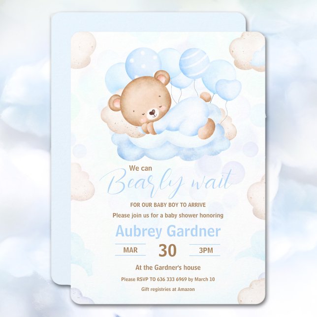 Wir können frühzeitig auf die Niedlich Bear Baby D Einladung (We Can Bearly Wait Boy Blue Cute Bear Baby Shower Invitation)