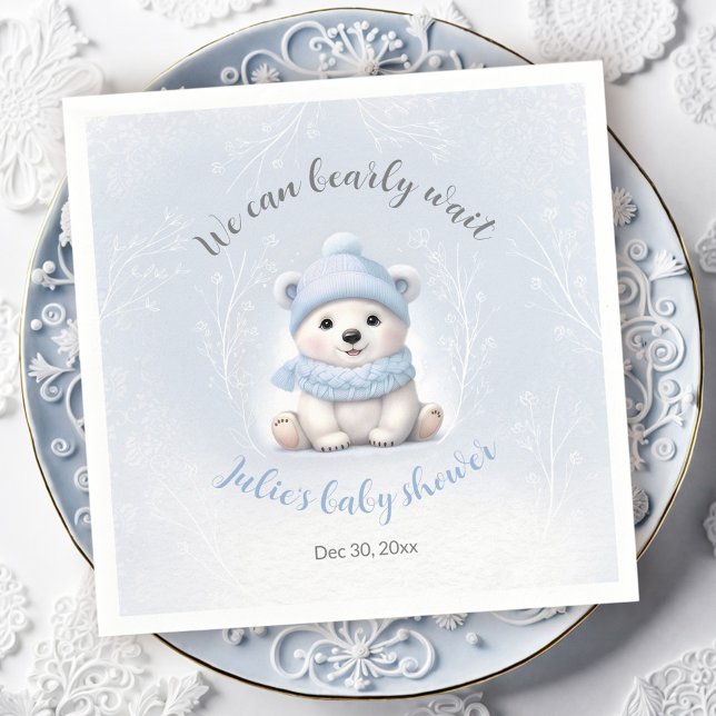 Wir können frühzeitig auf die Niedliche Bärenblaue Serviette (We Can Bearly Wait Cute Bear Blue Boy Baby Shower Napkins)