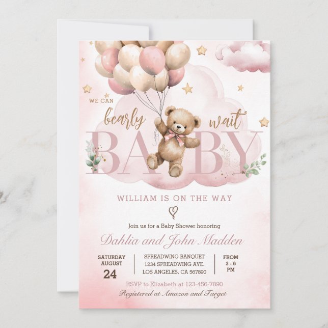 Wir können frühzeitig auf die Pink Teddy Bear Baby Einladung (Vorderseite)