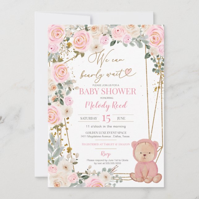 Wir können frühzeitig auf die Pink Teddy Bear Baby Einladung (Vorderseite)